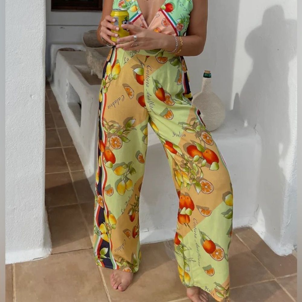 Never Fully Dressed Green and Yellow Fruit-Print Wide Leg Pants